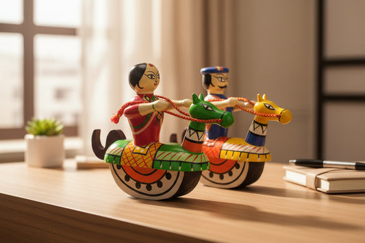 Channapatna Wooden Rocking Horse Procession Couple Dolls 8x8x16 cm - Handpainted Karnataka Craft