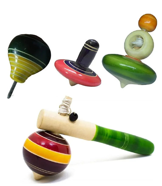 Channapatna wooden spinning toys set with colorful handcrafted spinning tops-ArtyCraftz.com
