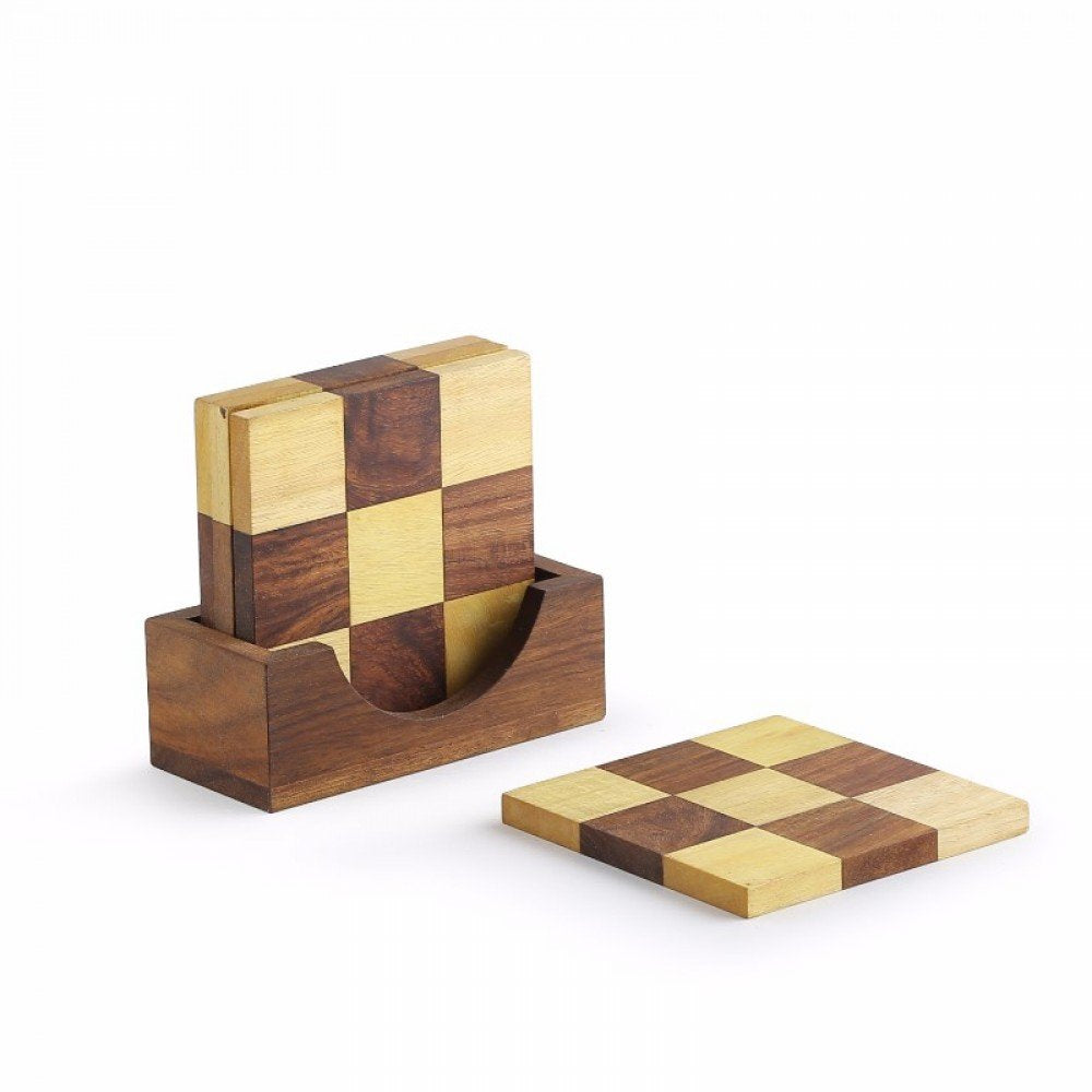 Chess Patterned Wooden Coasters Set Of 4