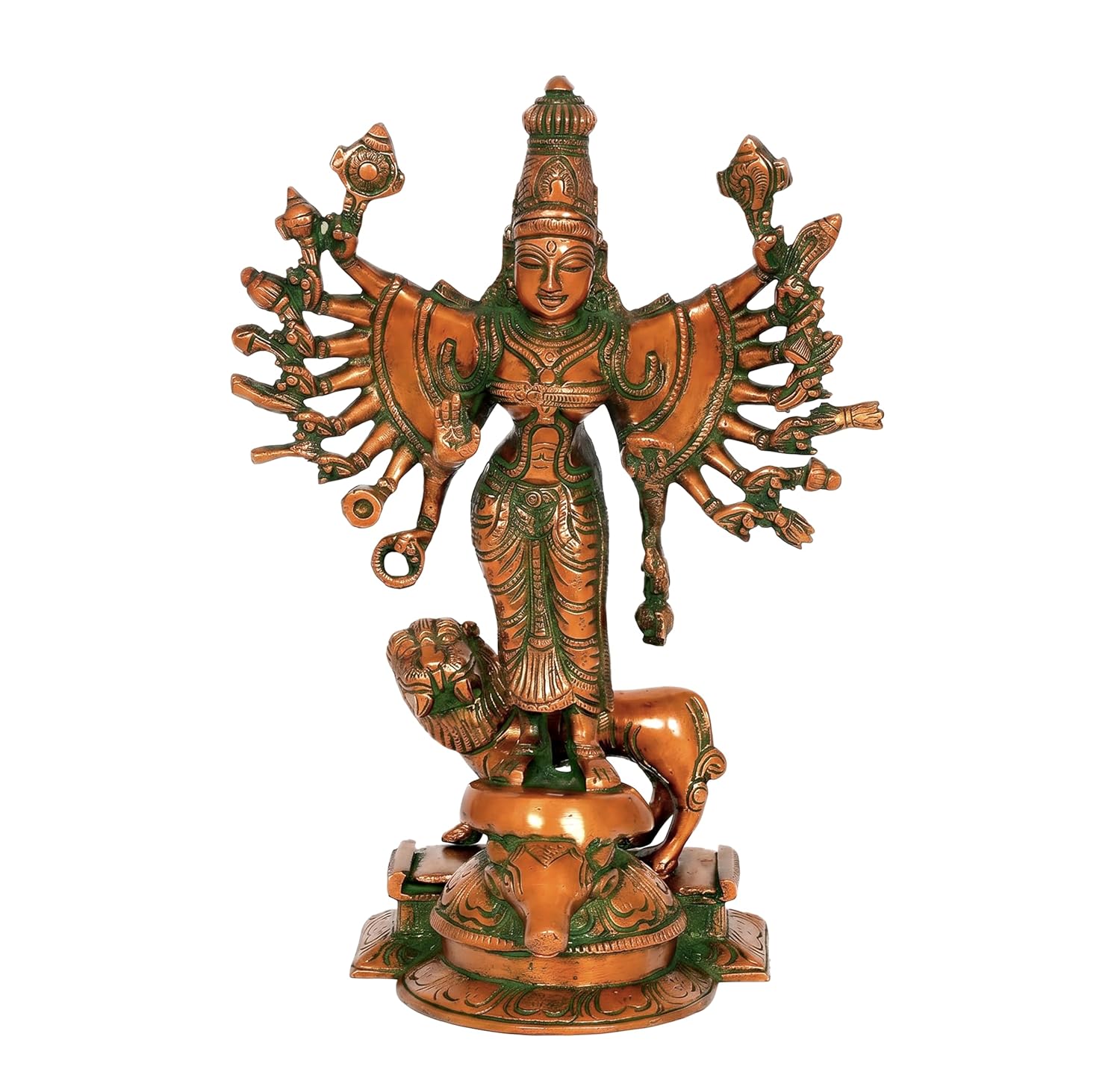 Chola Style Brass Durga Devi Statue with Lion Copper -ArtyCraftz.com