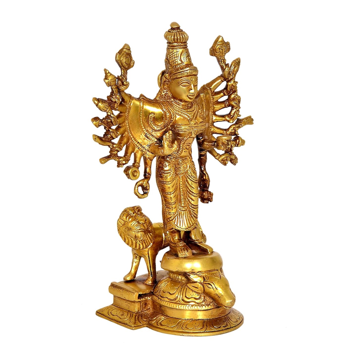 Chola Style Brass Durga Devi Statue with Lion Left View-ArtyCraftz.com