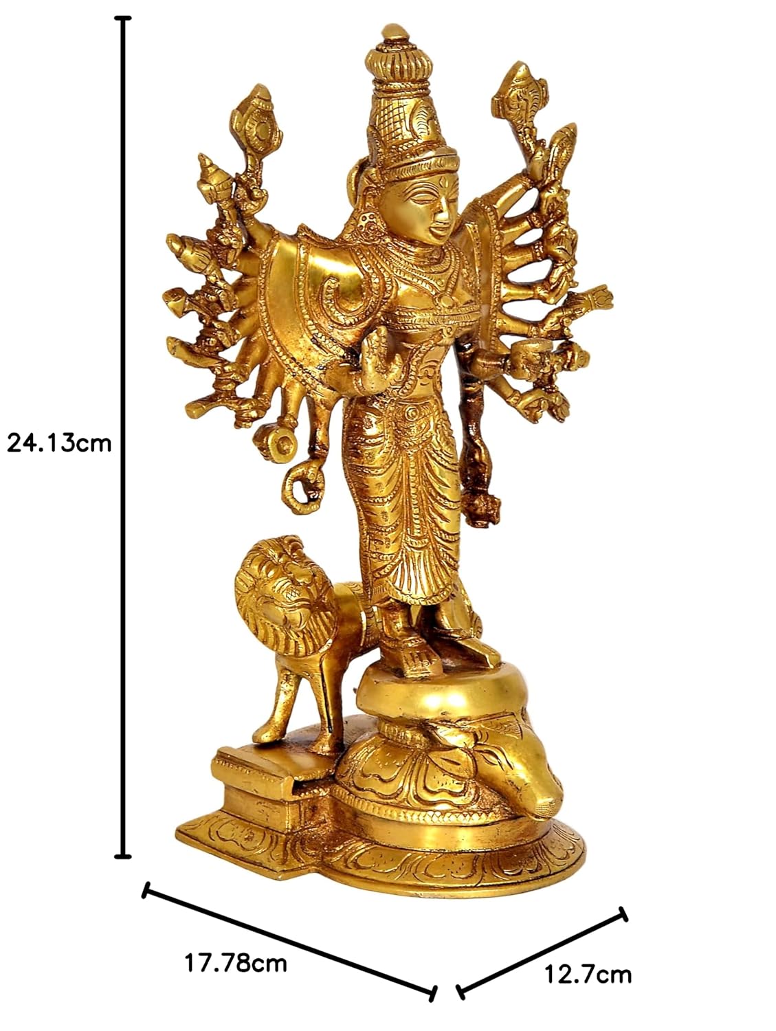 Chola Style Brass Durga Devi Statue with Lion Measurement-ArtyCraftz.com