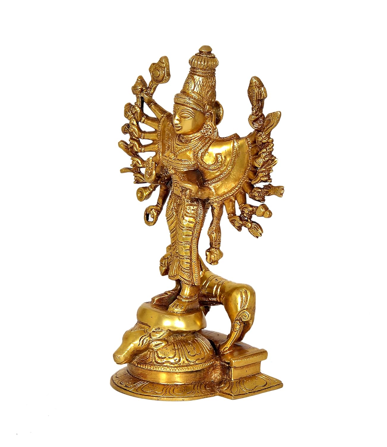 Chola Style Brass Durga Devi Statue with Lion Right View-ArtyCraftz.com