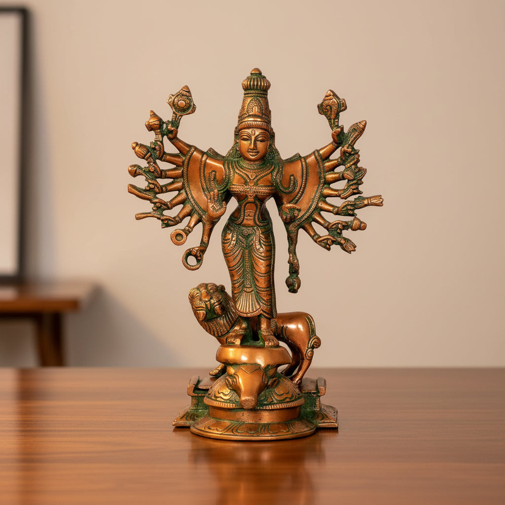 Chola Style Brass Durga Devi Statue with Lion Copper-ArtyCraftz.com