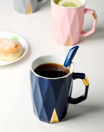 Coffee Tea Ceramic Mug Cup with Spoon and lid 420ml (Royal Blue) - ArtyCraftz.com