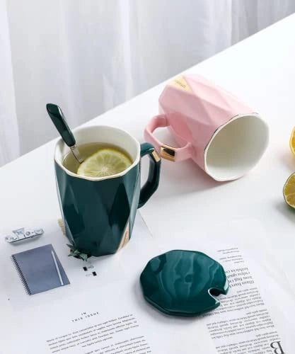 Coffee Tea Ceramic Mug Cup with Spoon and lid 420ml (Royal Blue) - ArtyCraftz.com