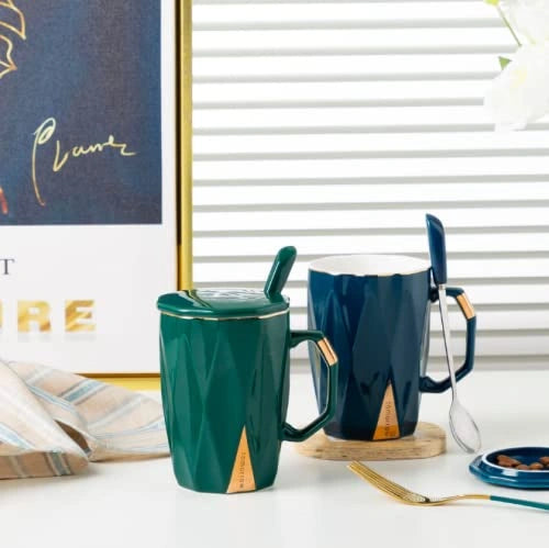 Coffee Tea Ceramic Mug Cup with Spoon and lid 420ml (Royal Blue) - ArtyCraftz.com