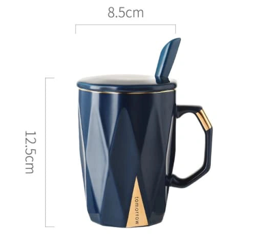 Coffee Tea Ceramic Mug Cup with Spoon and lid 420ml (Royal Blue) - ArtyCraftz.com