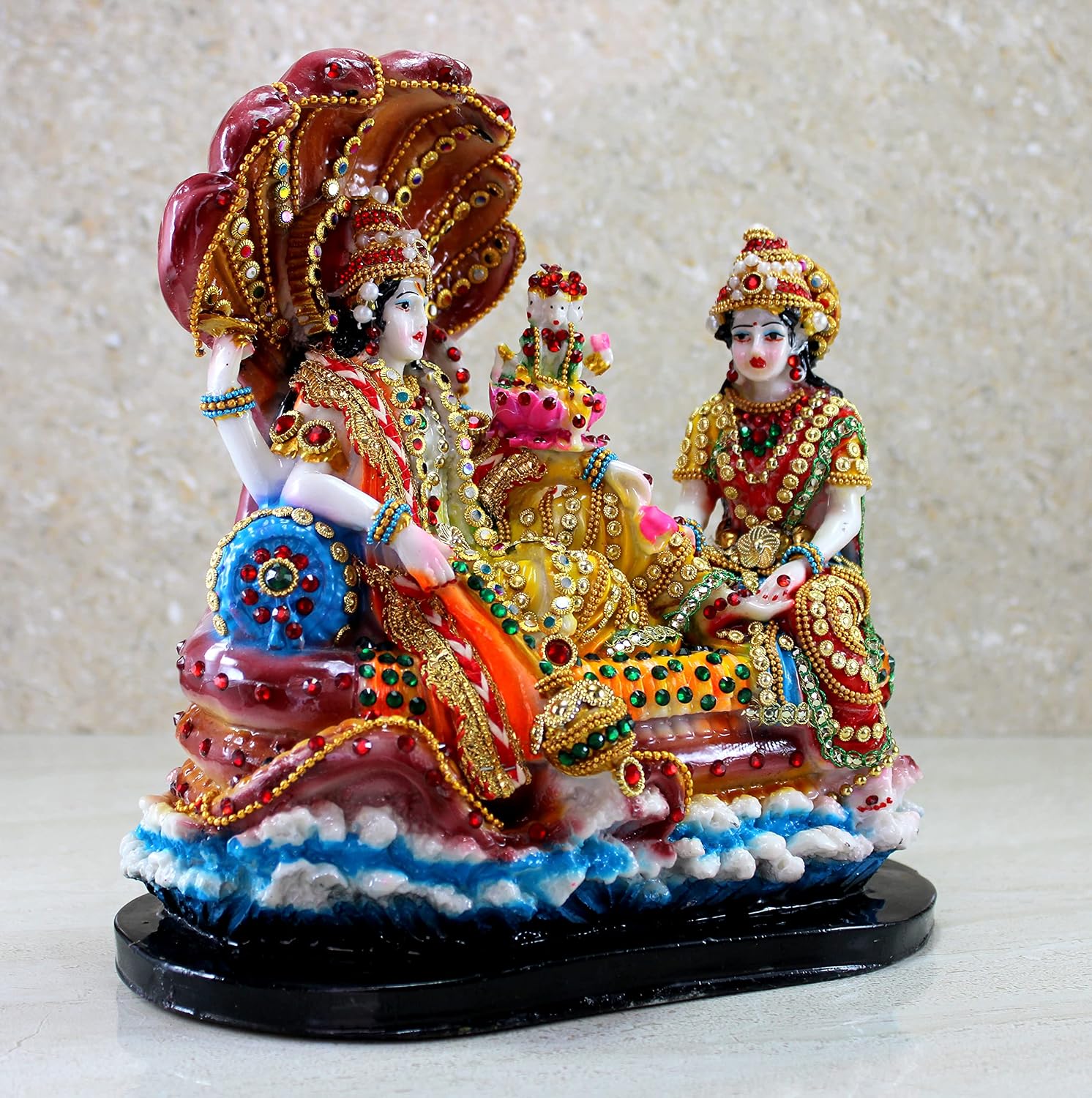 Colorful resin Vishnu Lakshmi decorative statue with Sheshnag backdrop-ArtyCraftz.com