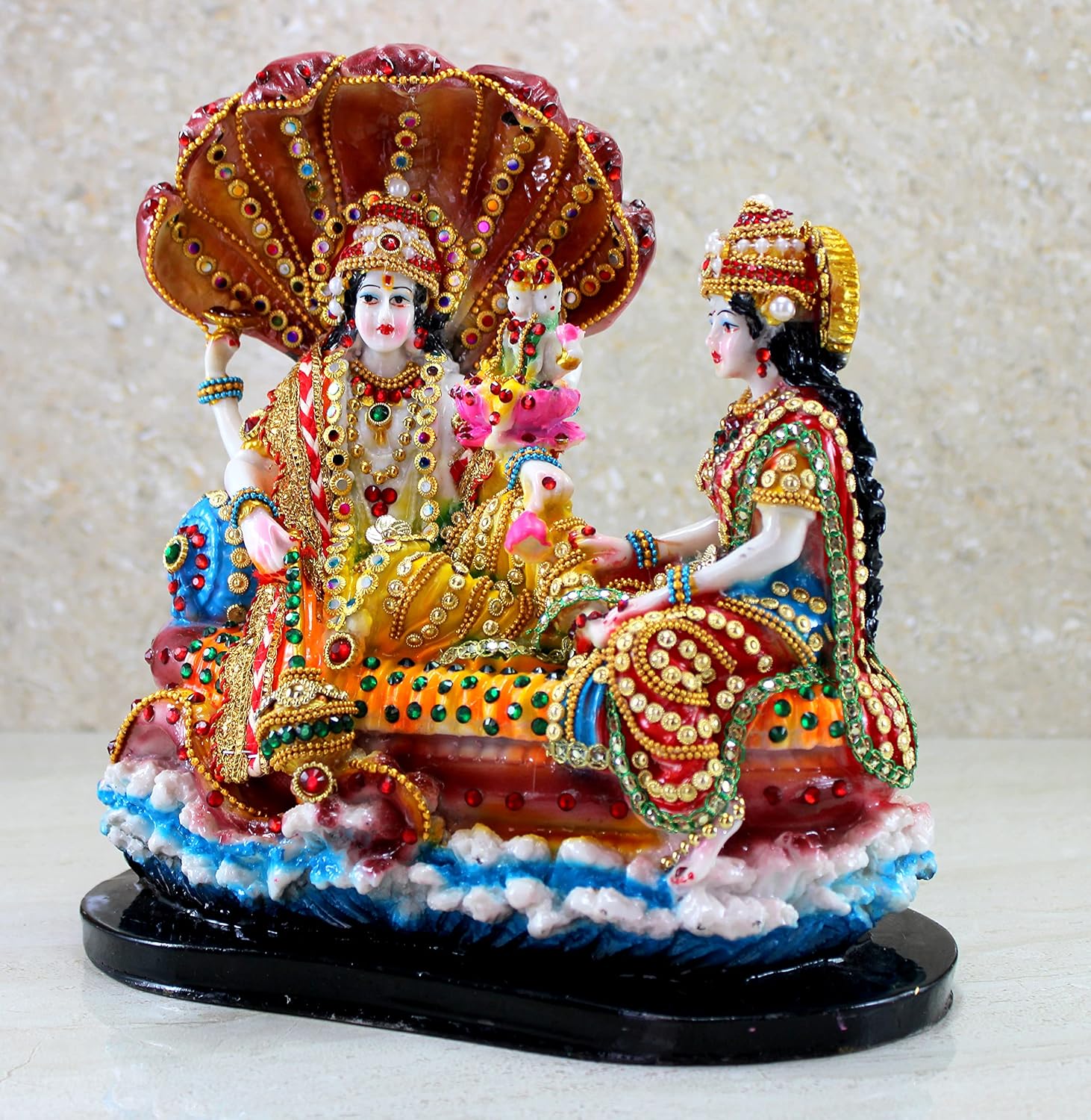 Colorful resin Vishnu Lakshmi decorative statue with Sheshnag backdrop-ArtyCraftz.com