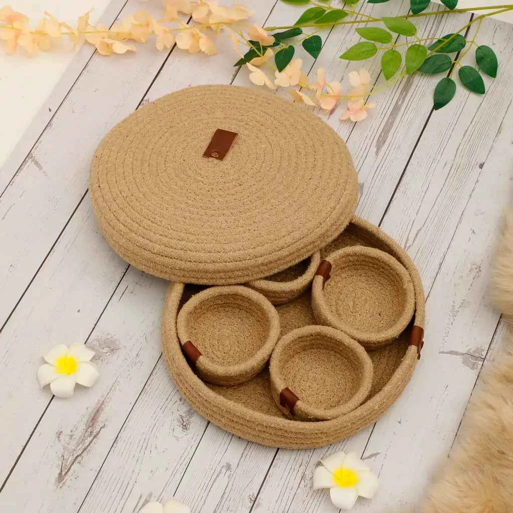 Cotton Rope Round Basket Set with Lid – Handmade Organizer & Serving Tray Set (5 Pieces)