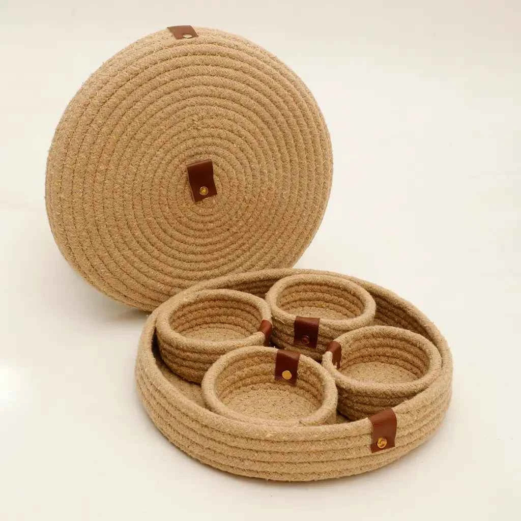 Cotton Rope Round Basket Set with Lid – Handmade Organizer & Serving Tray Set (5 Pieces)
