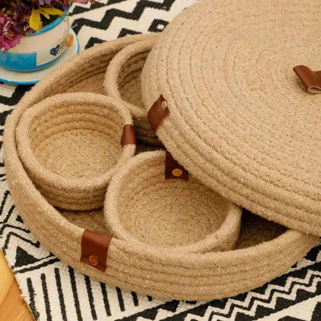 Cotton Rope Round Basket Set with Lid – Handmade Organizer & Serving Tray Set (5 Pieces)