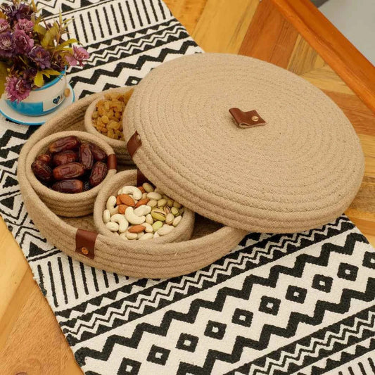Cotton Rope Round Basket Set with Lid – Handmade Organizer & Serving Tray Set (5 Pieces)