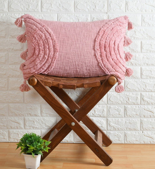 Cotton Tufted Pillow Cushion Cover Hand-Woven Knitted, Tassels, Side Rainbow for Living Room, Sofa, Chair (Pink, 24x16 Inches, Tufted) - ArtyCraftz.com