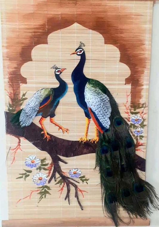 Couple Peacock With Bamboo Mat and Real Feathers Wall Hanging-ArtyCraftz.com