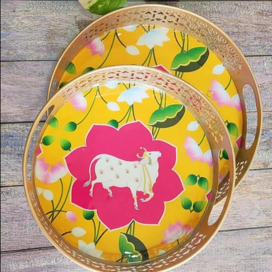 Beautiful Cow Pichwai Tray set Yellow and Pink