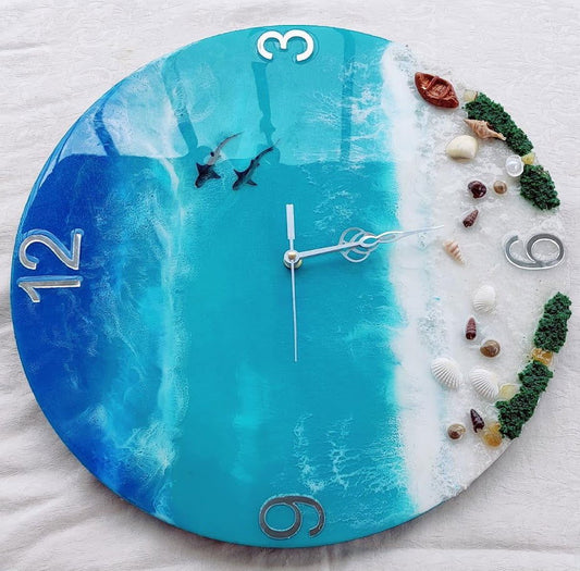 Custom Handmade Wall Clock Ocean themed with White Sand 12 Inches - ArtyCraftz.com