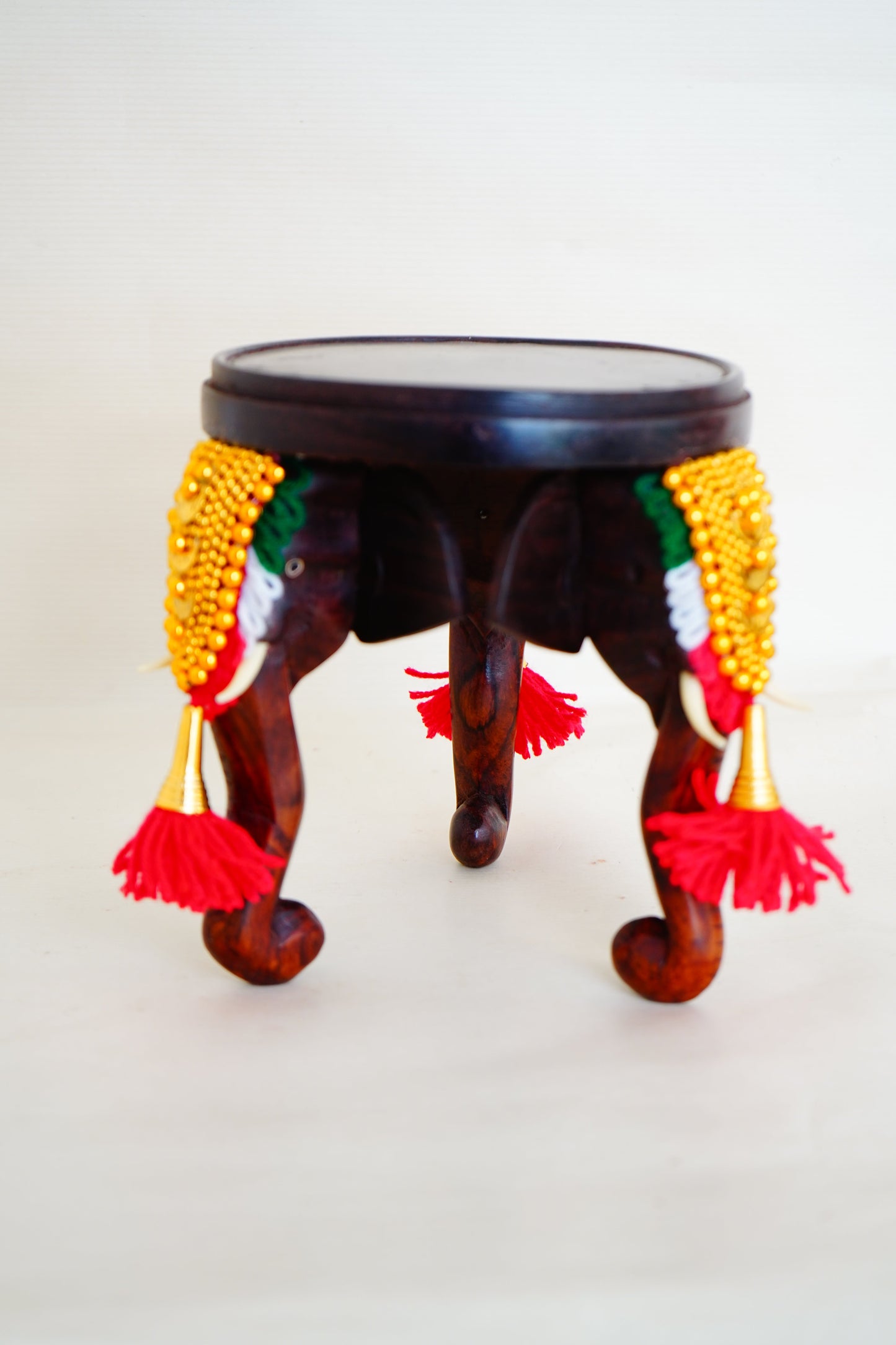 Traditional Three-Headed Wooden Pooram Elephant Stool with Nettipattam