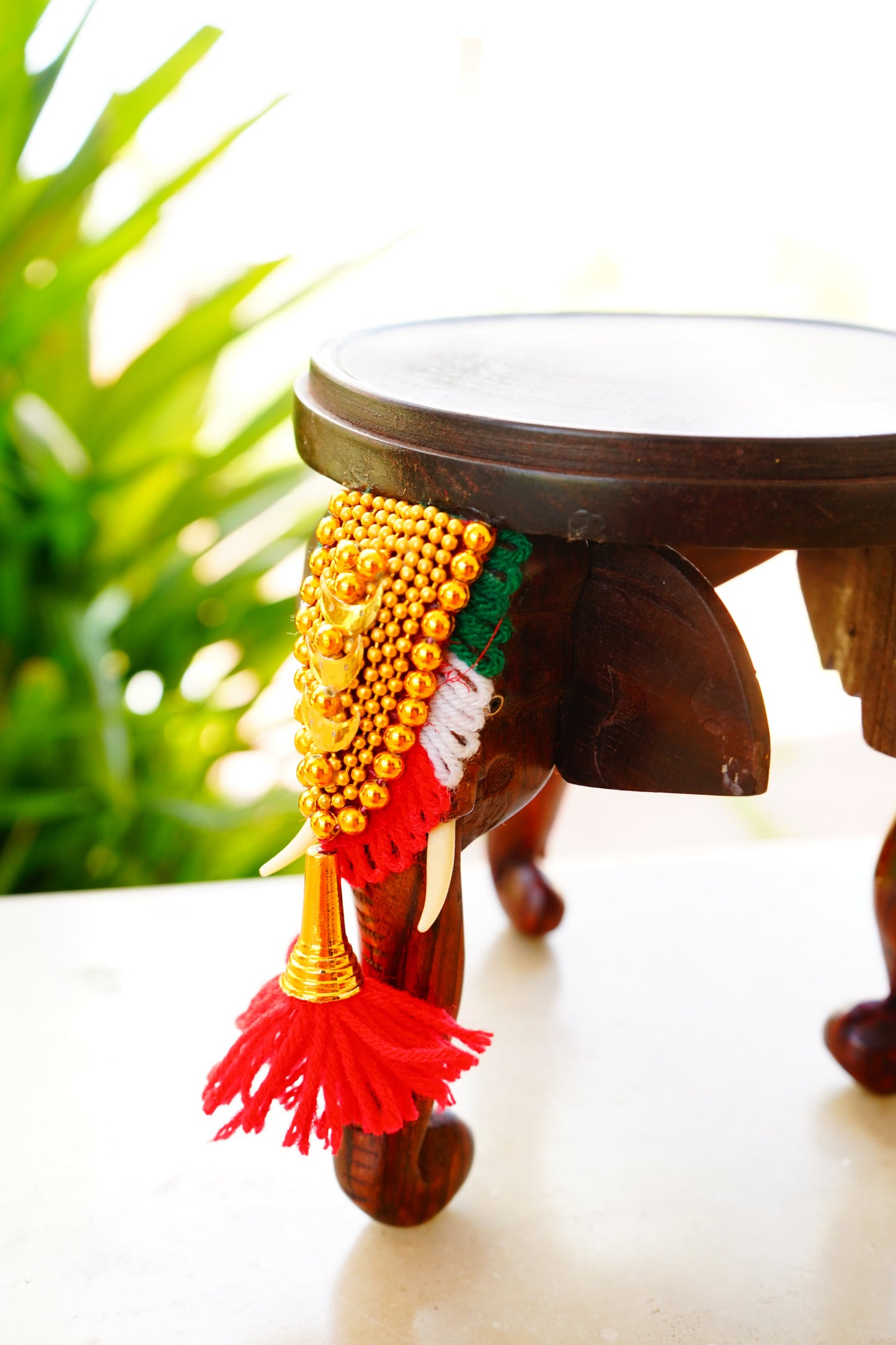 Traditional Three-Headed Wooden Pooram Elephant Stool with Nettipattam
