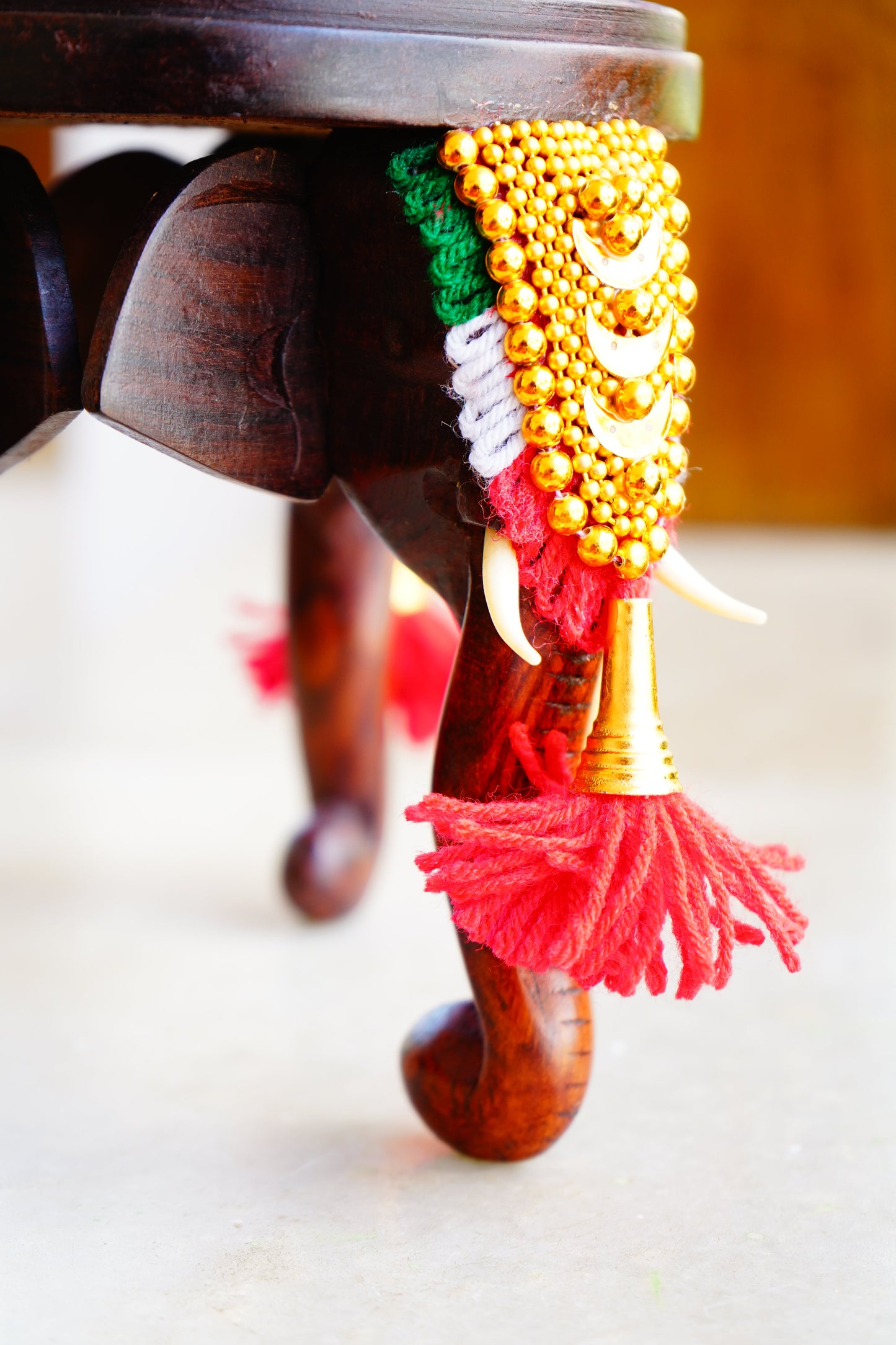 Traditional Three-Headed Wooden Pooram Elephant Stool with Nettipattam