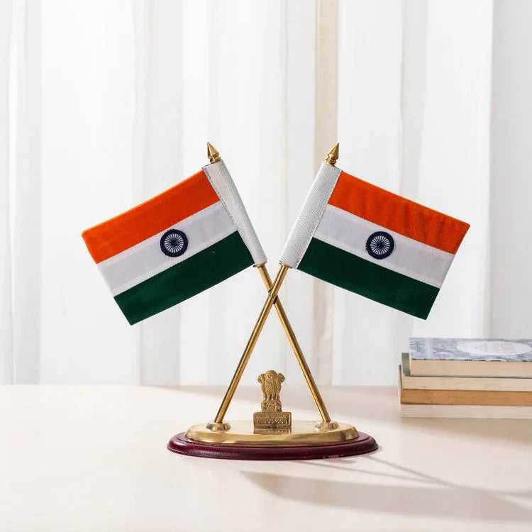 National Flag Stand Flags with Ashoka Stambh with Shiny 18K Gold-Plated-ArtyCraftz.com