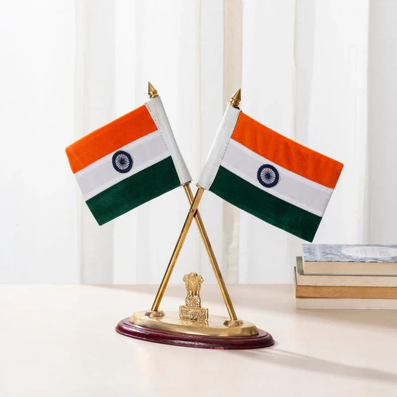 National Flag Stand Flags with Ashoka Stambh with Shiny 18K Gold-Plated-ArtyCraftz.com