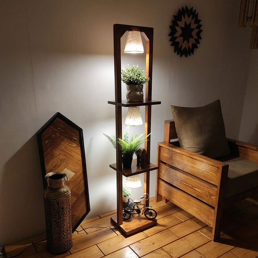 Daffodil Wooden Floor Lamp with Brown Base and Jute Fabric Lampshade - ArtyCraftz.com