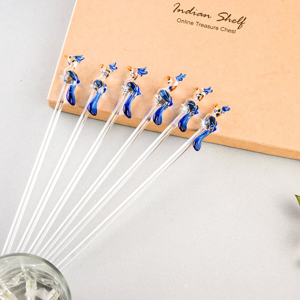 Decorative Blue Peacock Glass Cocktail Stirrers-ArtyCraftz.com