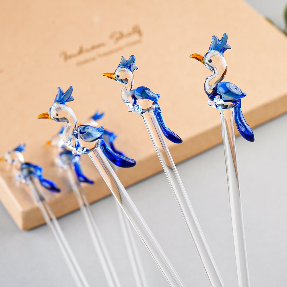 Decorative Blue Peacock Glass Cocktail Stirrers-ArtyCraftz.com