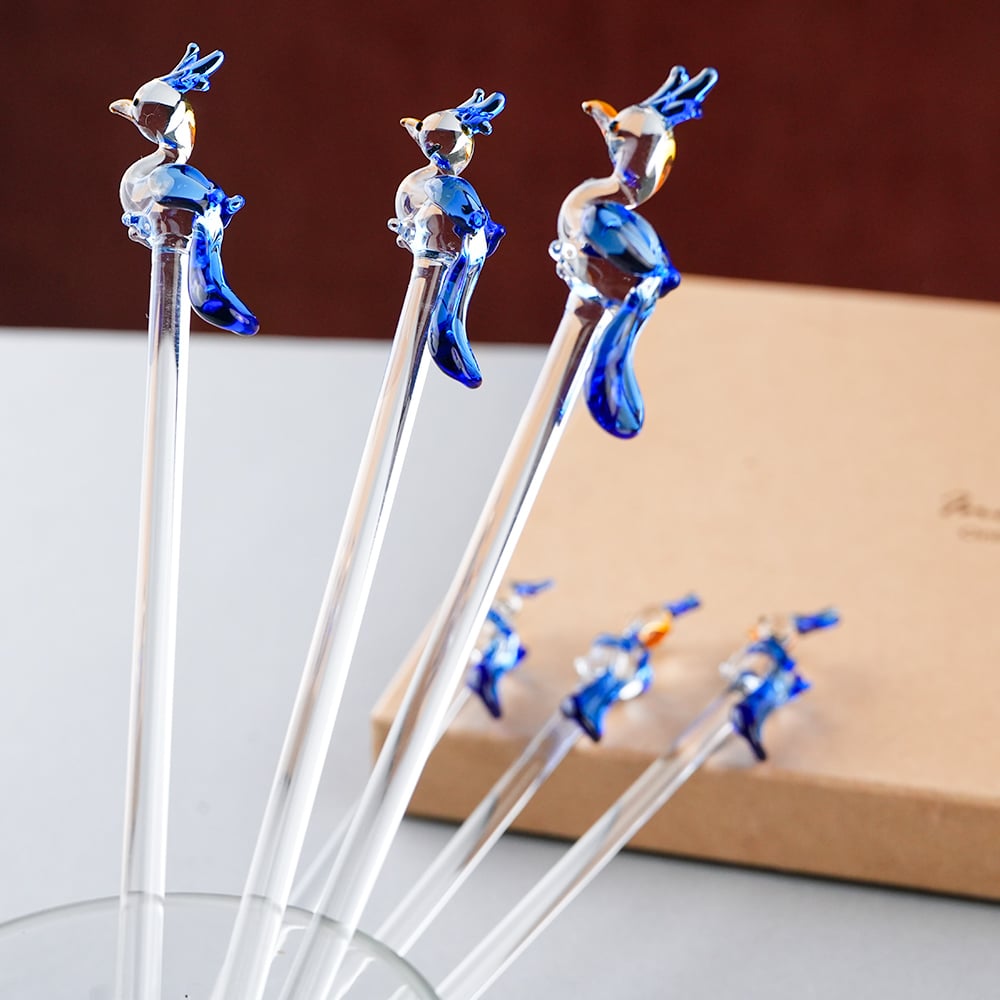 Decorative Blue Peacock Glass Cocktail Stirrers-ArtyCraftz.com