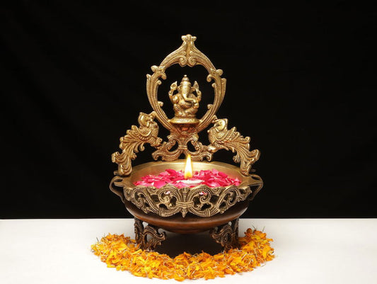 Decorative Brass Ganesha with Peacock Urli Bowl - ArtyCraftz.com