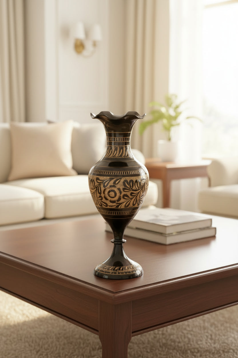 Decorative Engraved Black Brass Floral Vase-ArtyCraftz.com