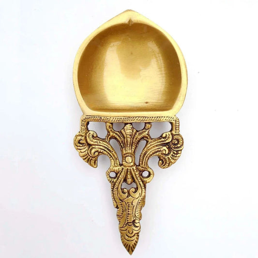 Decorative and Carved Brass Made Designer Hawan Spoon Oil Diya Antique Yellow Finish - ArtyCraftz.com
