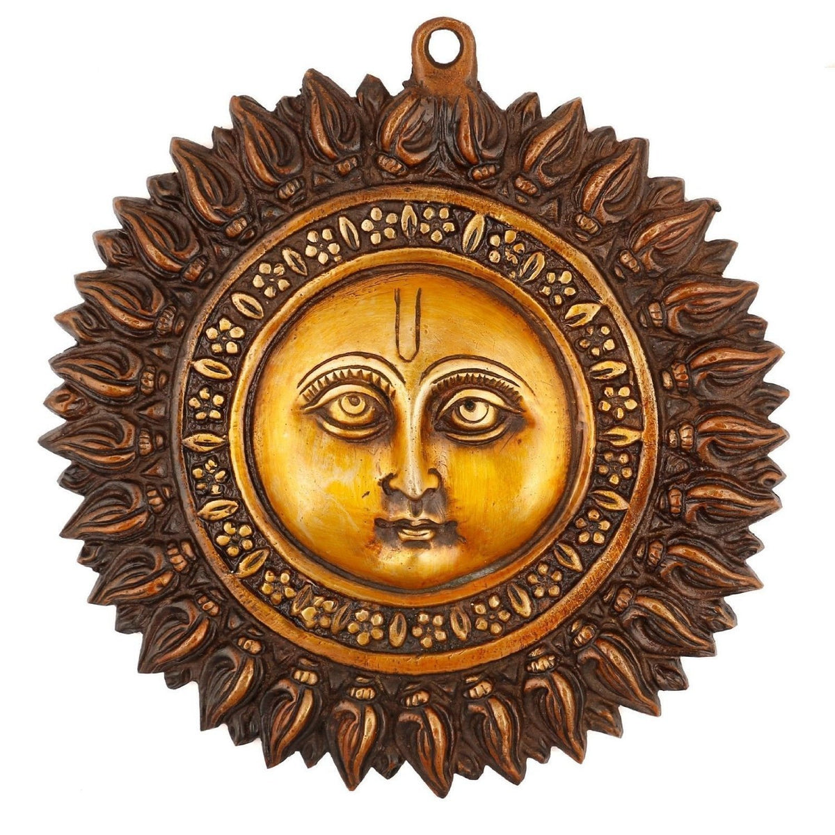 Decorative sun face wall hanging with golden facial details, antique brown finish and intricately sculpted sun rays.-artycraftz.com