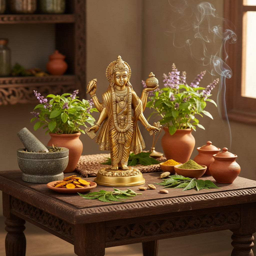 Dhanvantri brass idol with traditional gold finish-artycraftz.com