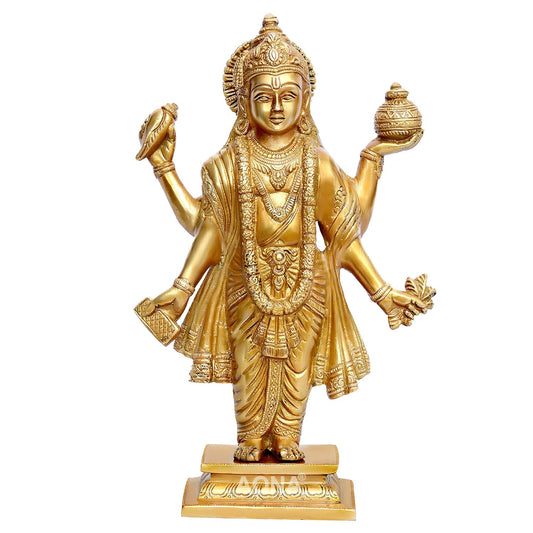 Dhanvantri brass idol with traditional gold finish and detailed pedestal-artycraftz.com