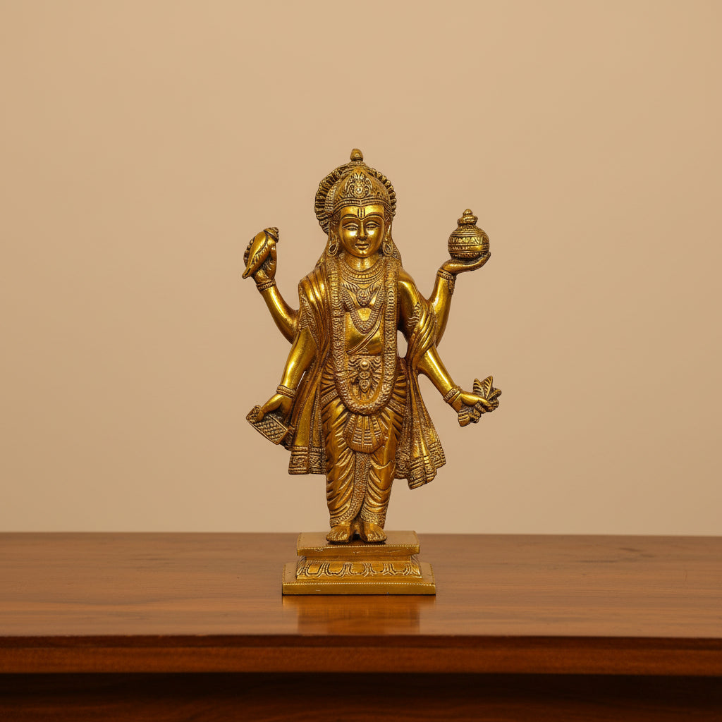 Dhanvantri brass idol with traditional gold finish and detailed pedestal-artycraftz.com