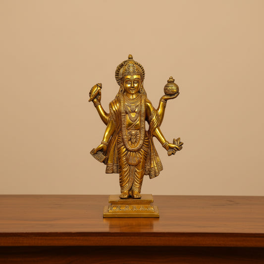 Dhanvantri brass idol with traditional gold finish and detailed pedestal-artycraftz.com