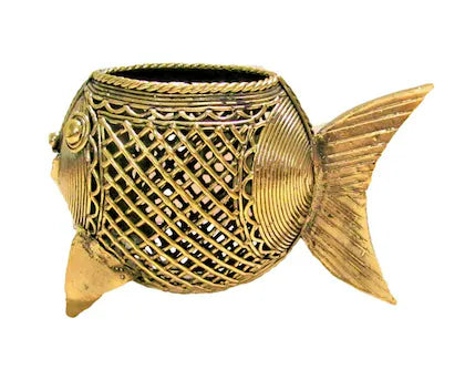 Dhokra Art Brass Fish Shaped Pen Holder-ArtyCraftz.com