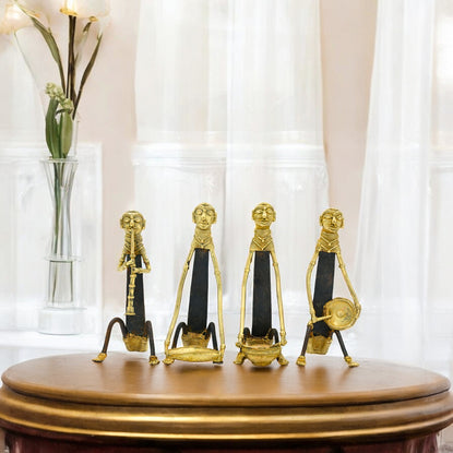 Set of 4 Dhokra Art Tribal Musicians - Golden