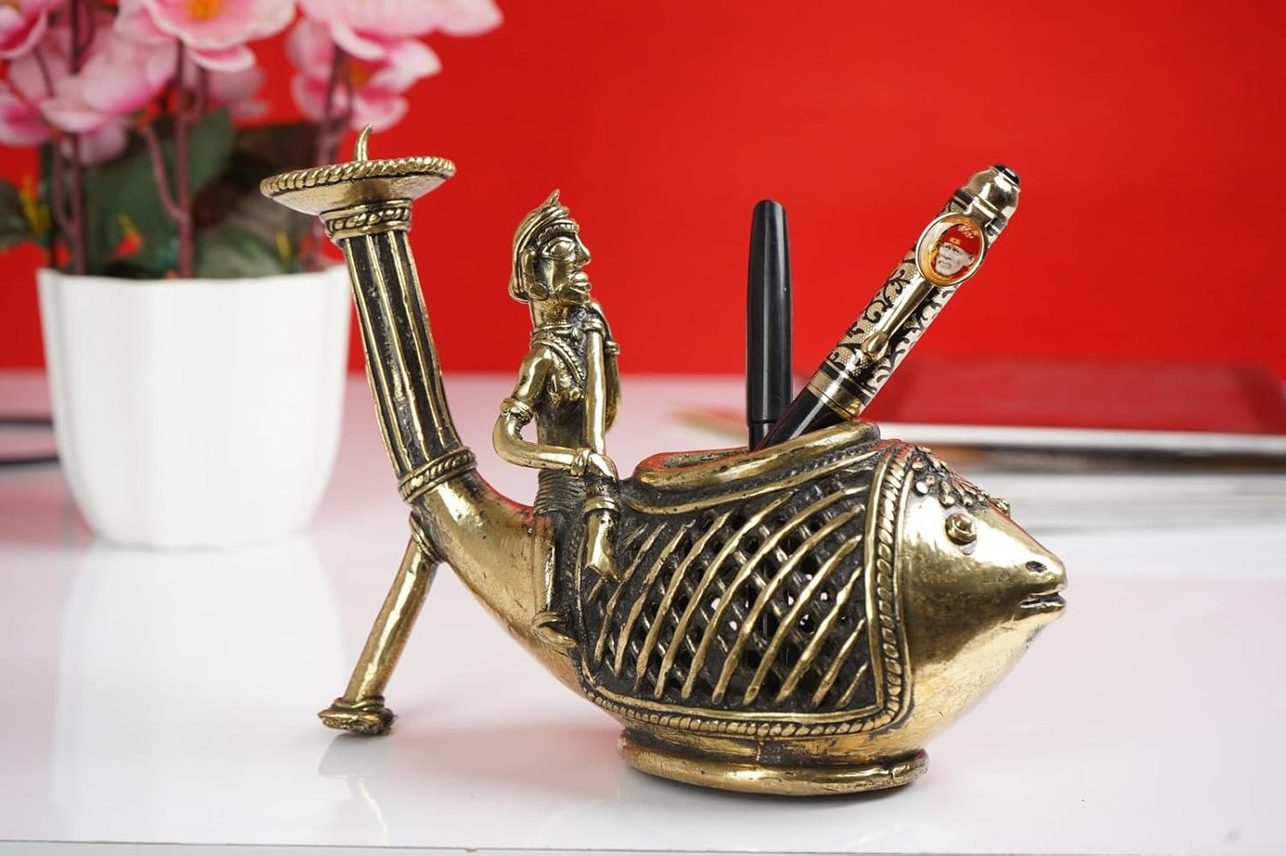 Dhokra Jaali Work Fish Shape Pen Stand with Candle Holder-ArtyCraftz.com