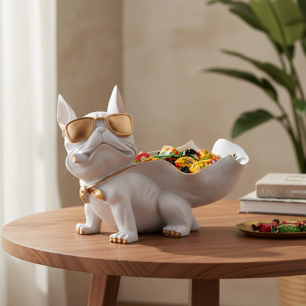 Dog shaped polyresin candy bowl with white and gold finish-ArtyCraftz.com