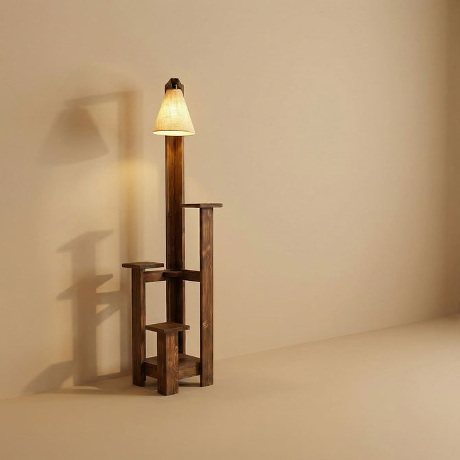 Rustic Pine Wood Floor Lamp with Multi-Tier Display Shelves-artycraftz.com