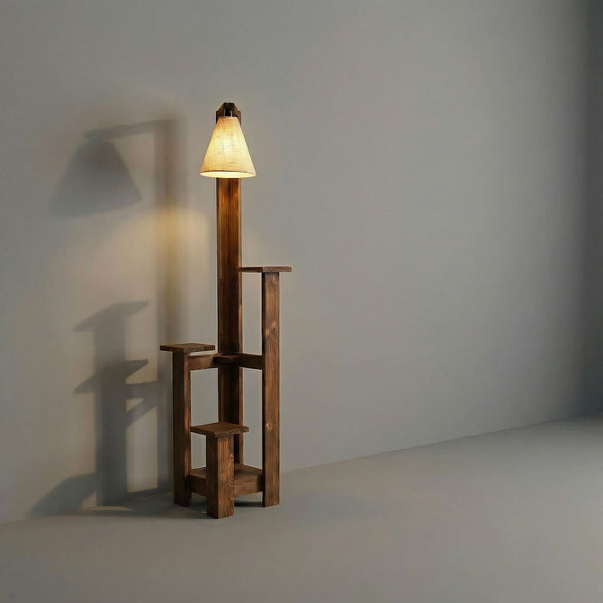 Rustic Pine Wood Floor Lamp with Multi-Tier Display Shelves-artycraftz.com
