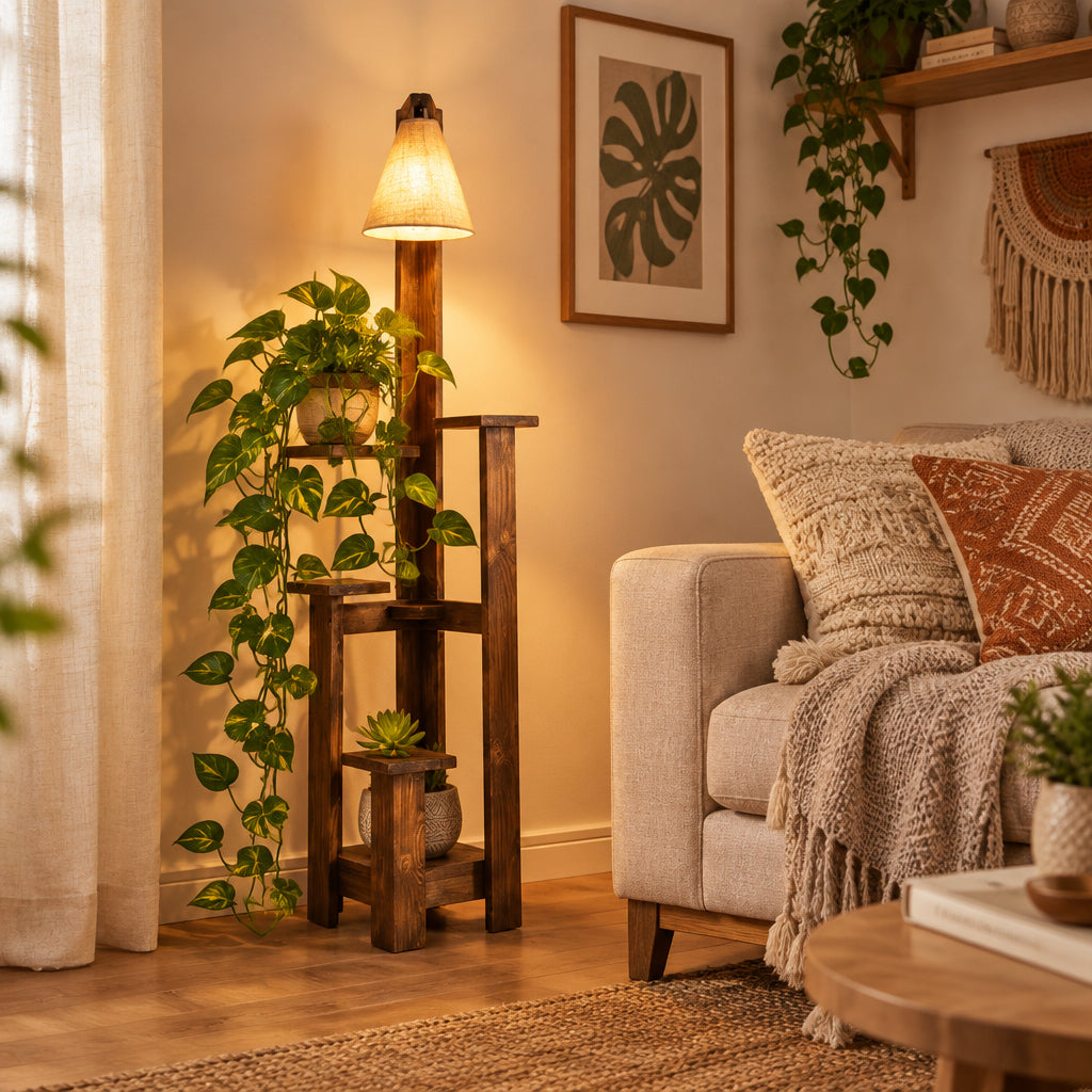 Rustic Pine Wood Floor Lamp with Multi-Tier Display Shelves-artycraftz.com