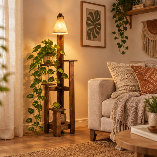 Rustic Pine Wood Floor Lamp with Multi-Tier Display Shelves-artycraftz.com