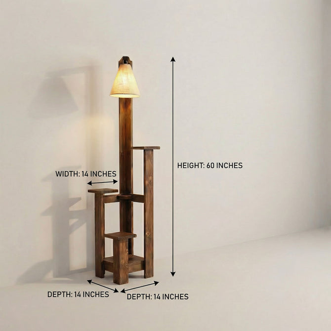 Rustic Pine Wood Floor Lamp with Multi-Tier Display Shelves-artycraftz.com
