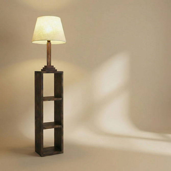 Rustic Pine Wood Floor Lamp with 3-Tier Storage Shelves-artycraftz.com
