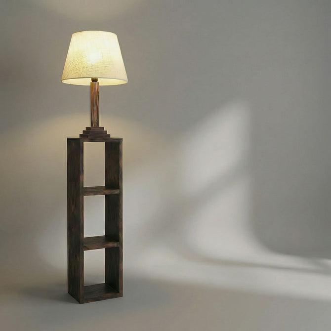 Rustic Pine Wood Floor Lamp with 3-Tier Storage Shelves-artycraftz.com